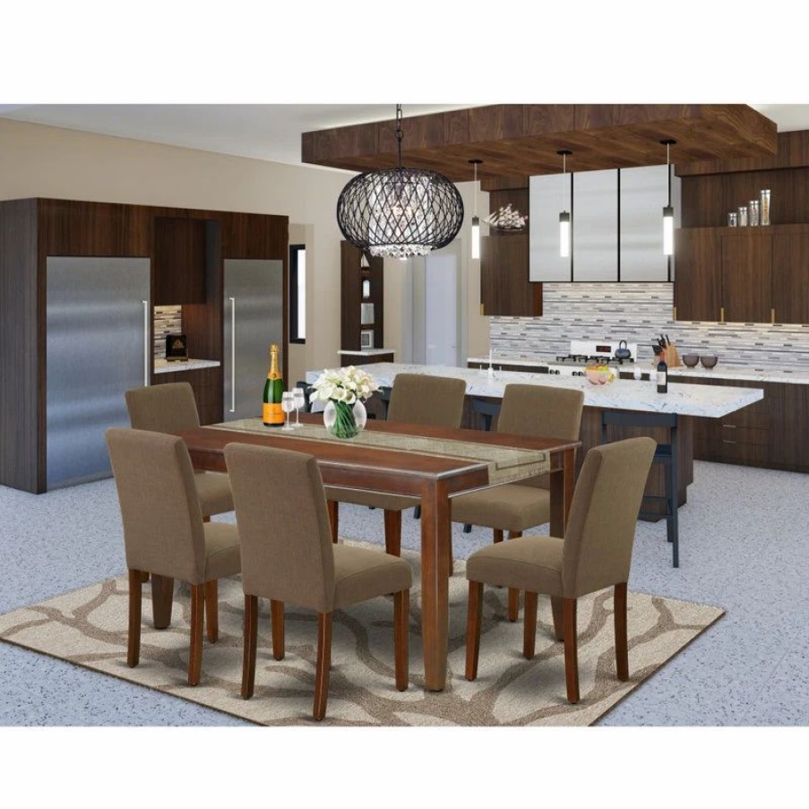 * 7Pc 60 Inch Table & Six Parson Chair With Mahogany Leg & Linen Fabric Coffee Kitchen & Dining Furniture