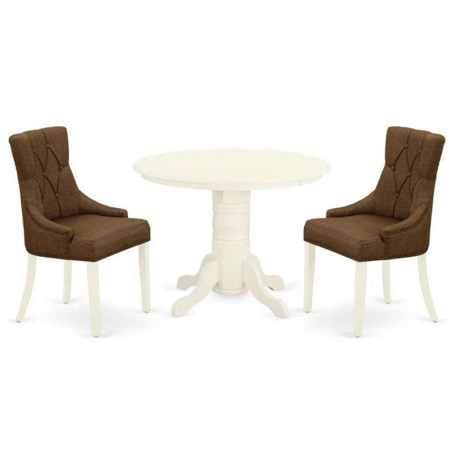 * 3-Piece Set, Round Table, 2 Parson Chairs, Dark Coffee Fabric, White Kitchen & Dining Furniture