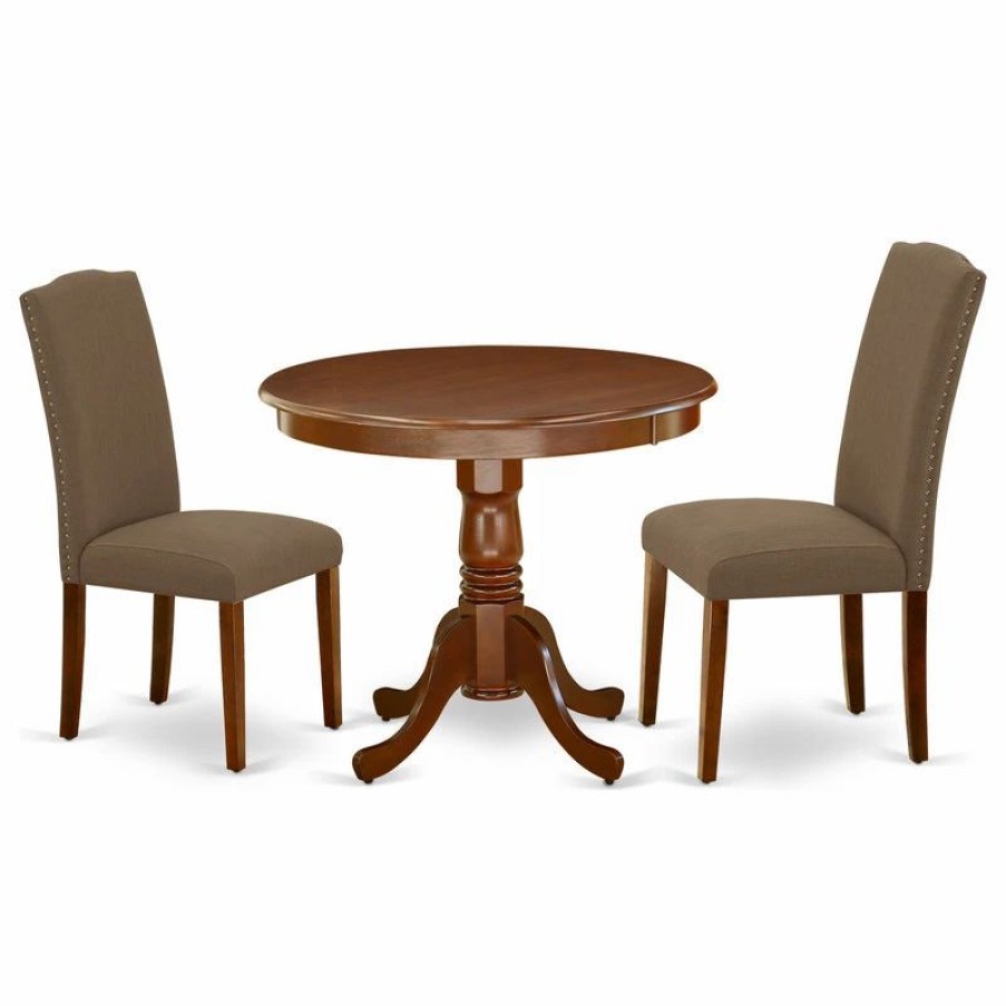 * 3-Piece Rounded 36 Table And 2 Parson Chair, Linen Fabric Dark Coffee Kitchen & Dining Furniture