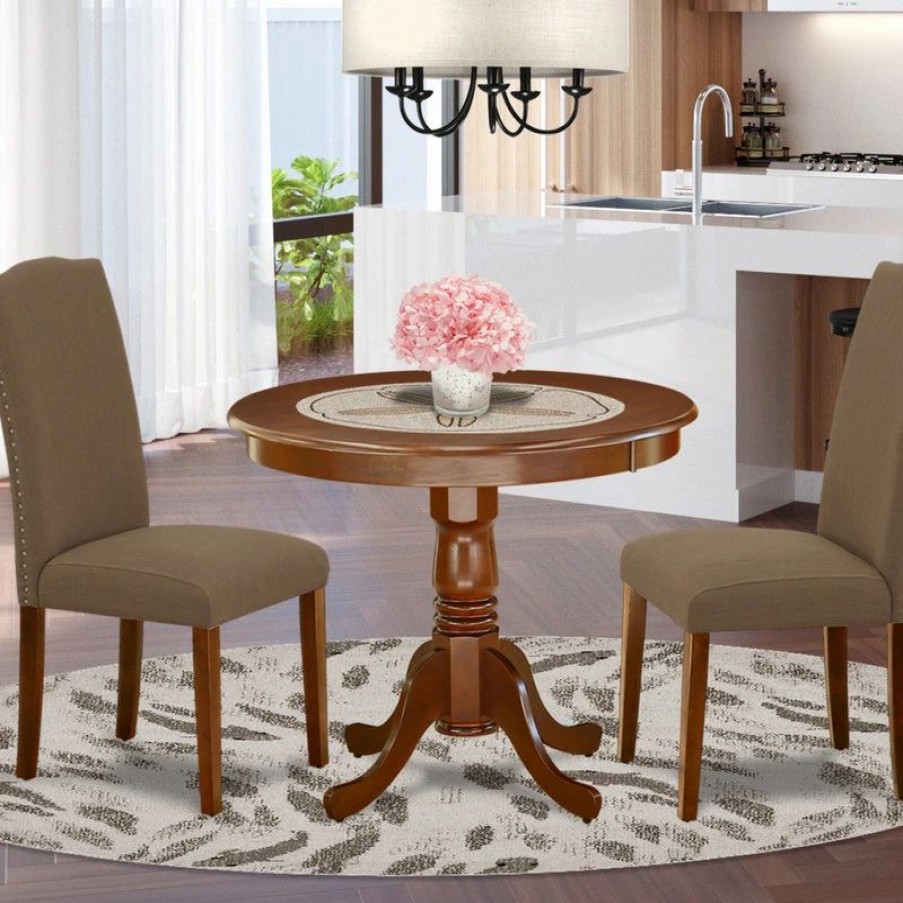 * 3-Piece Rounded 36 Table And 2 Parson Chair, Linen Fabric Dark Coffee Kitchen & Dining Furniture