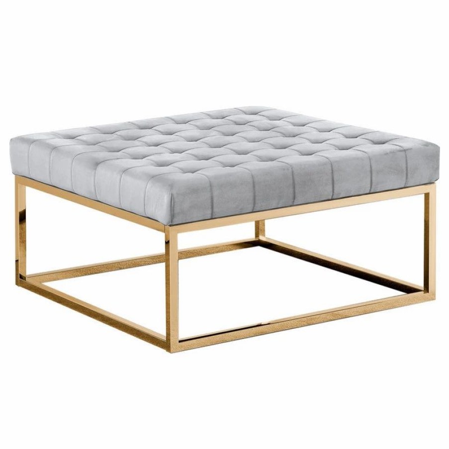 * Upholstered Square Ottoman Coffee Table With Gold Base, E38, Gray Coffee Tables