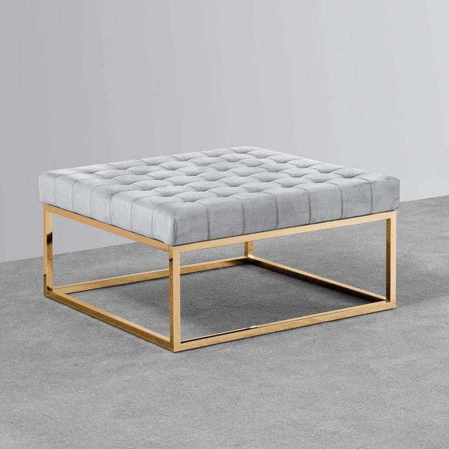 * Upholstered Square Ottoman Coffee Table With Gold Base, E38, Gray Coffee Tables