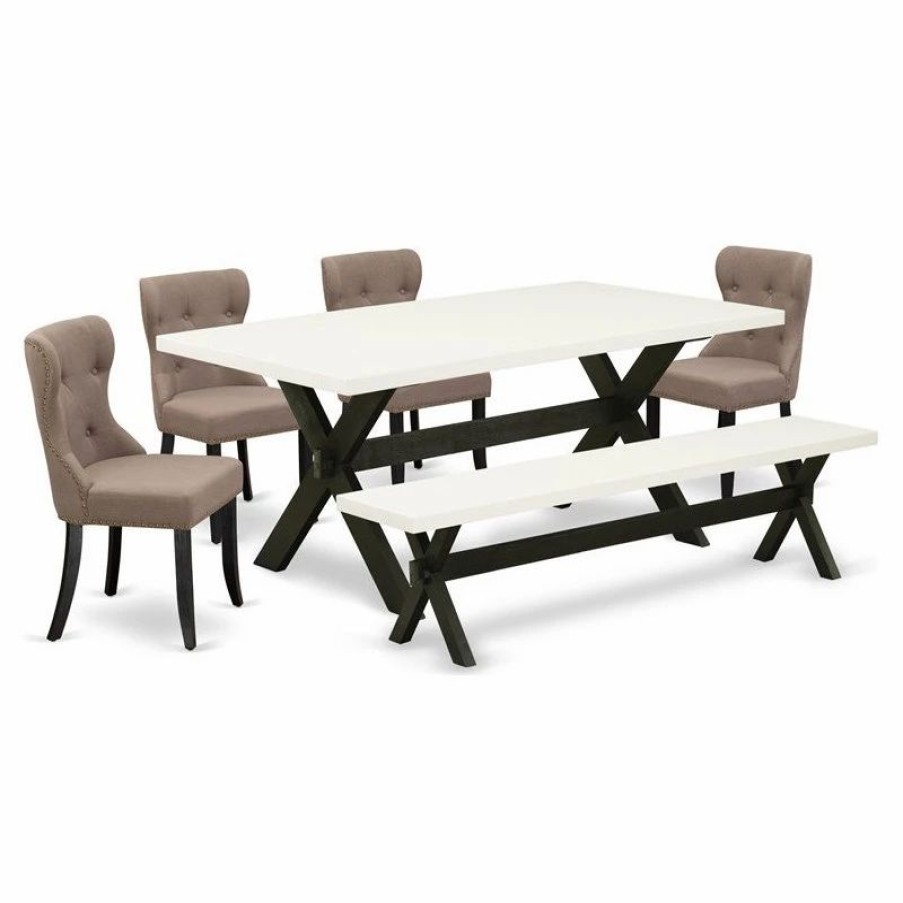 * East West Furniture X-Style 6-Piece Wood Dining Table Set In Black/Coffee Kitchen & Dining Furniture