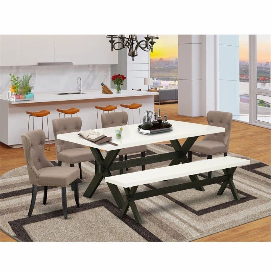 * East West Furniture X-Style 6-Piece Wood Dining Table Set In Black/Coffee Kitchen & Dining Furniture